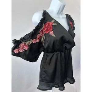 Y2K 90s Wet Seal Black Satin Romper with Embroidered Roses, Sz Small (b54)